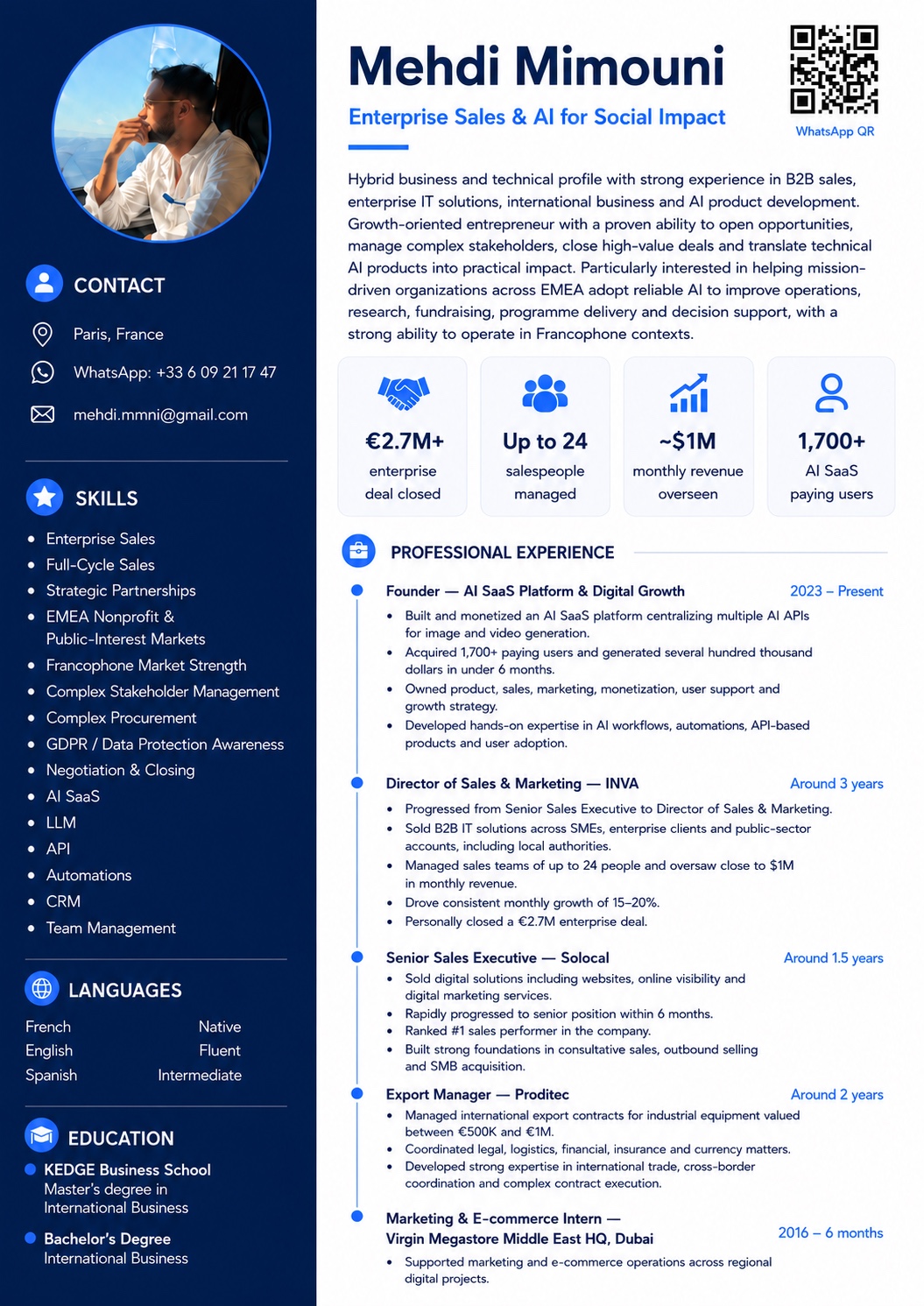 English CV preview for Mehdi Mimouni's Beneficial Deployments application